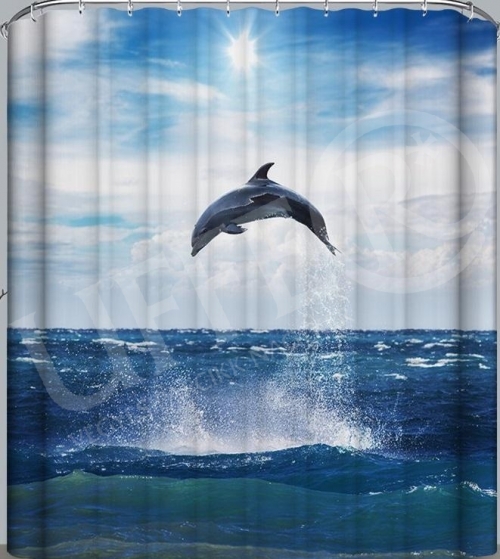 Zuhanyfüggöny textil 180x200 cm ugró delfines+ tartozék karikák