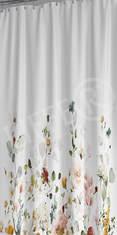 Zuhanyfüggöny textil 180x200 cm fehér alapon virágmintával + tartozék karikák