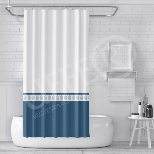 Zuhanyfüggöny textil 180x200 cm fehér- kék + tartozék karikák
