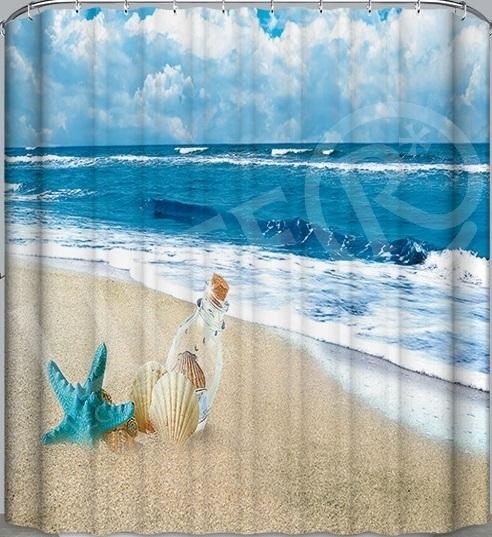 Zuhanyfüggöny textil 180x200 cm kék tengeri csillag+ kagyló + üvegpalack tenger mellett  + tartozék karikák