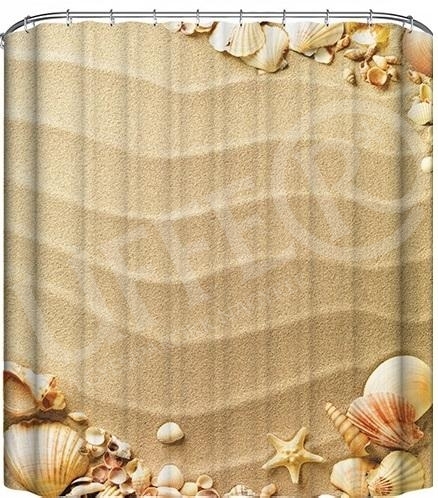 Zuhanyfüggöny textil 180x200 cm  tengeri csillag, kagylók a homokban + tartozék karikák